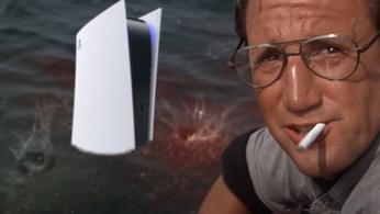 Brody from JAWS smoking a cigarette with a PS5 in the water behind him