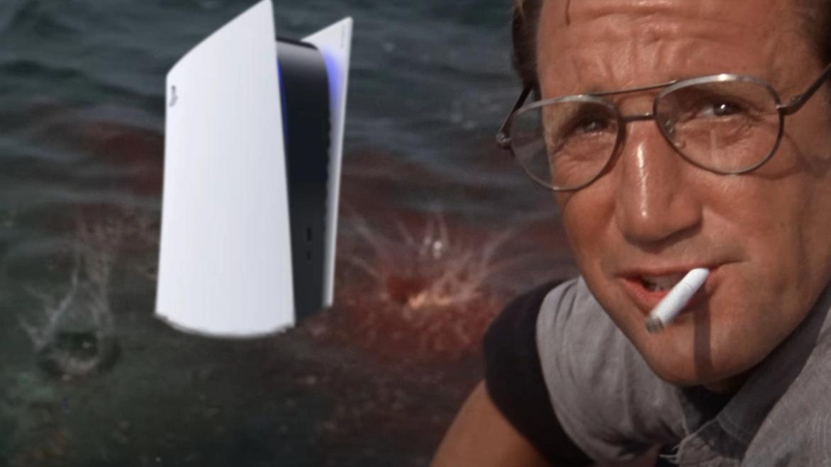 Brody from JAWS smoking a cigarette with a PS5 in the water behind him