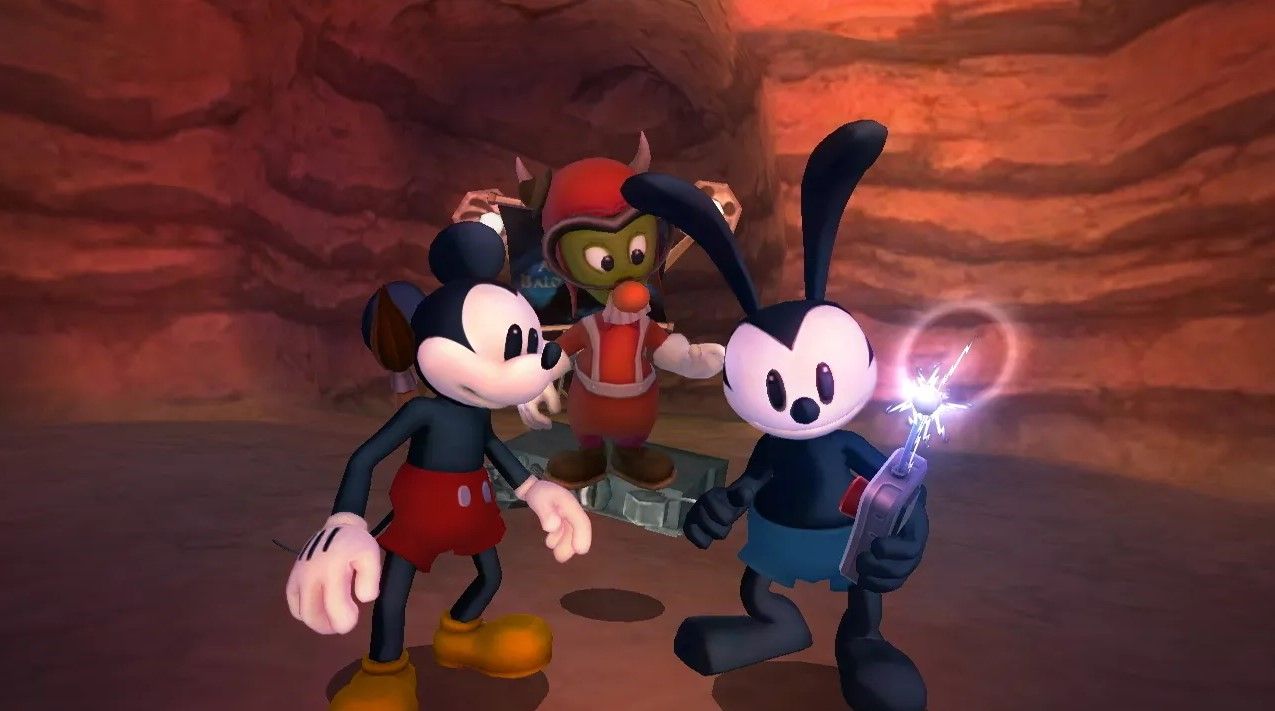 Epic Mickey - Oswald and Mickey activating a gadget