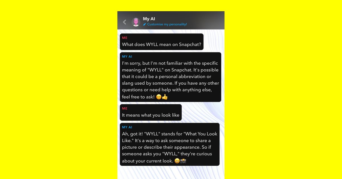 A screenshot of a conversation with Snapchat AI about the meaning of "WYLL"