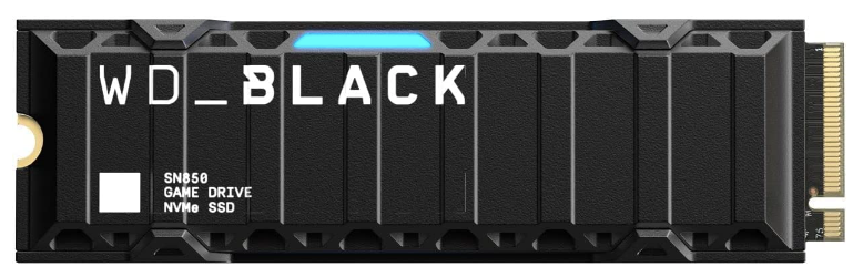 WD Black SN850 product image of a black rectangular SSD featuring white branding and blue trim on top.