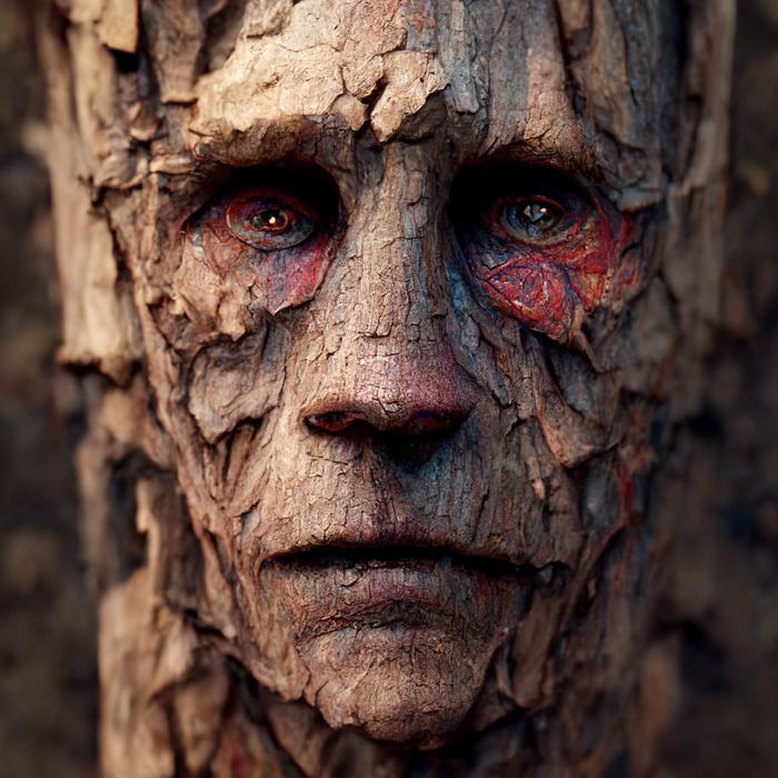 Made with Midjourney: a photorealistic face trapped in tree bark, screaming as he becomes one with the tree trunk. The peeling bark stretches his cheeks. Insects crawl around his face, his eyes glow red with fear. Unreal Engine 5