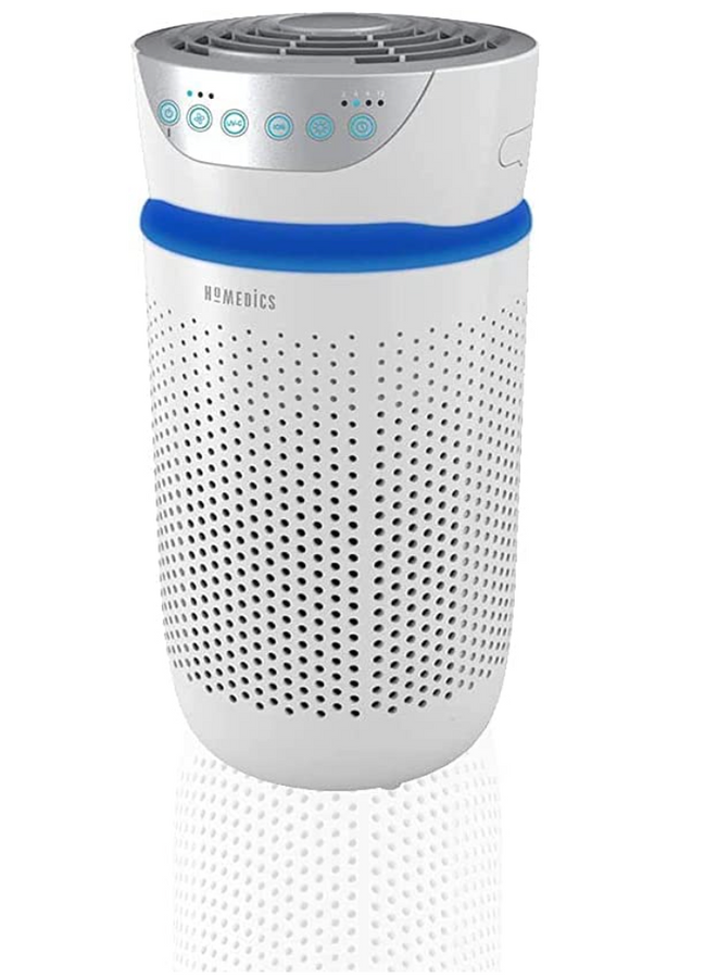 HoMedics TotalClean Tower product image of a white cylindrical air purifier with a blue trim.