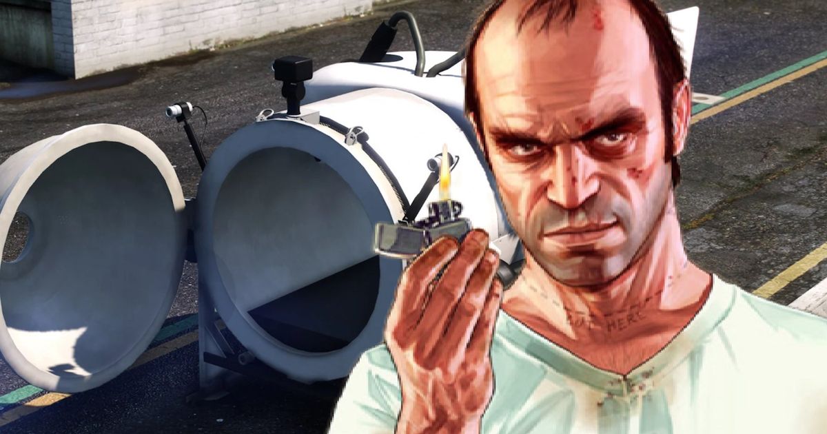 The GTA V Titan Submersible mod on the Los Santos airport strip next to an image of Trevor Phillips 