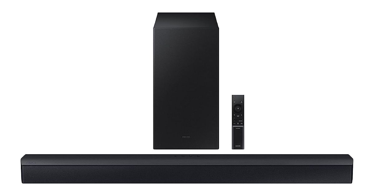 Samsung HW-C450 product image of a long, black, rectangular soundbar in front of a black speaker and remote.