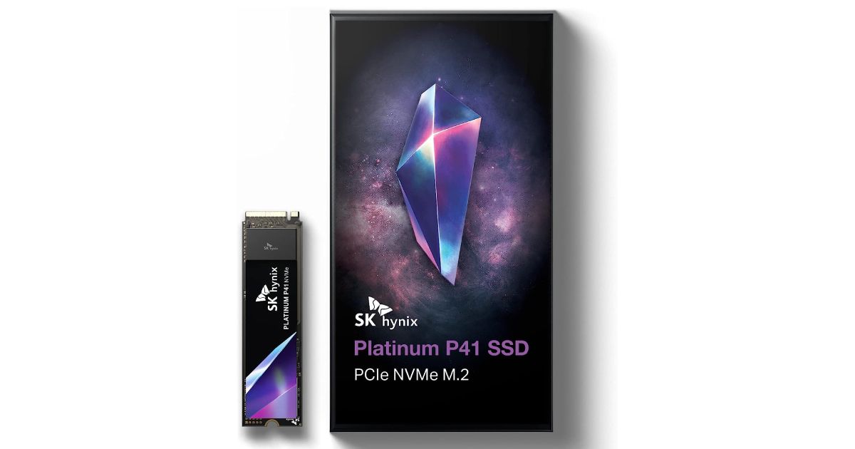 A black box featuring a purple and blue image of a crystal on the front next to a rectangular SSD.