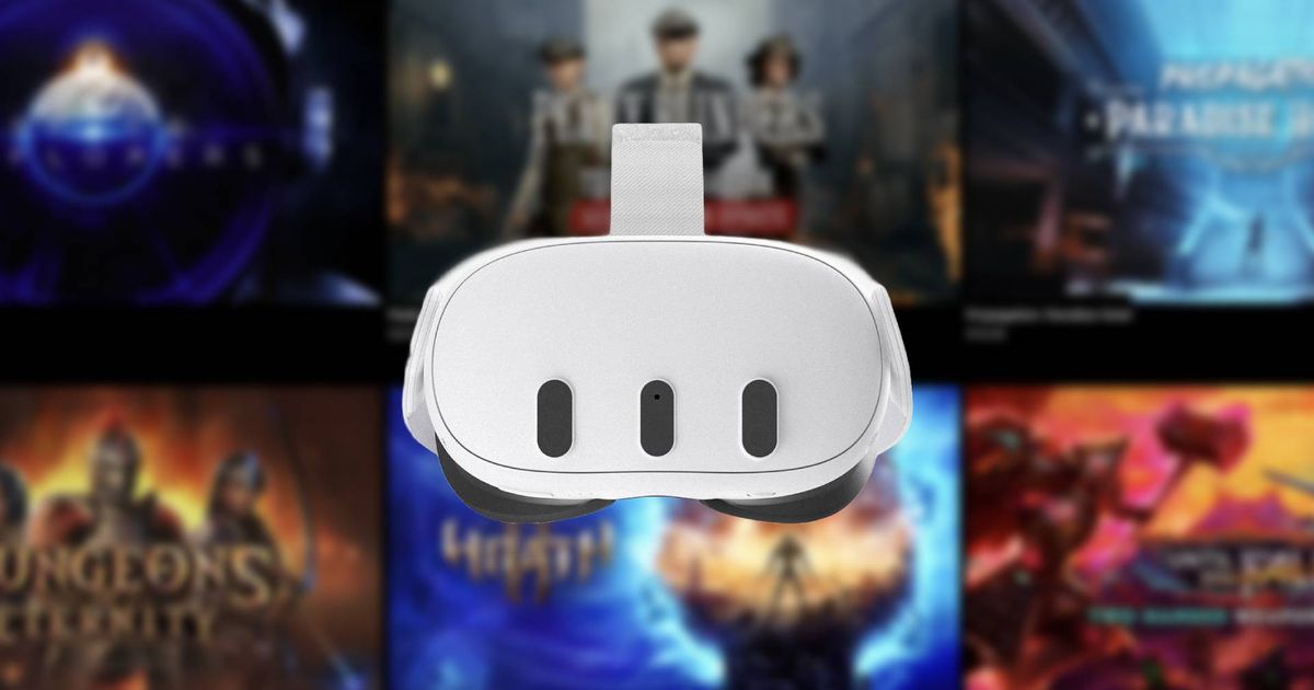 Best Meta Quest 3 mixed reality games - An image of the Quest 3 headset with the Quest game store's homescreen in background