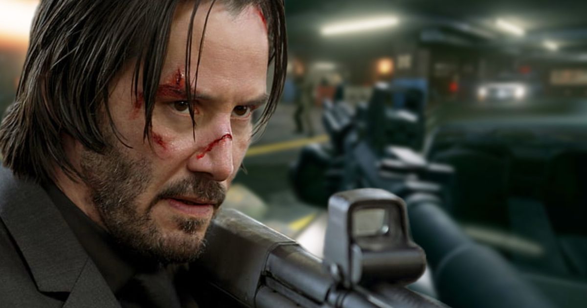 An image of Keanu reeves as John Wick imposed on a screenshot of a John Wick video game 