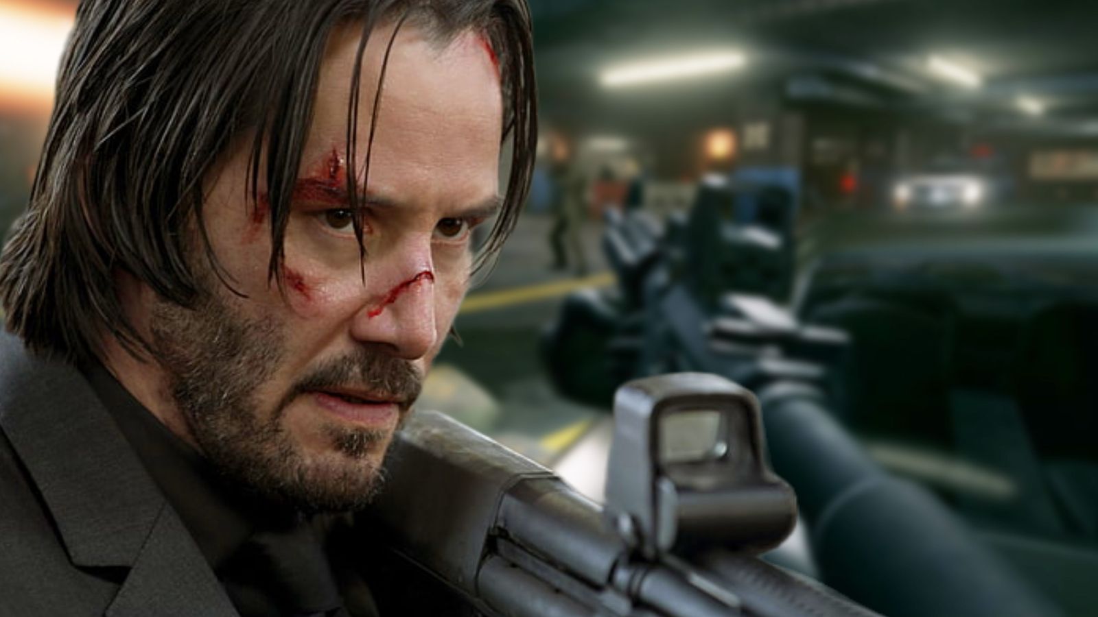 An image of Keanu reeves as John Wick imposed on a screenshot of a John Wick video game 