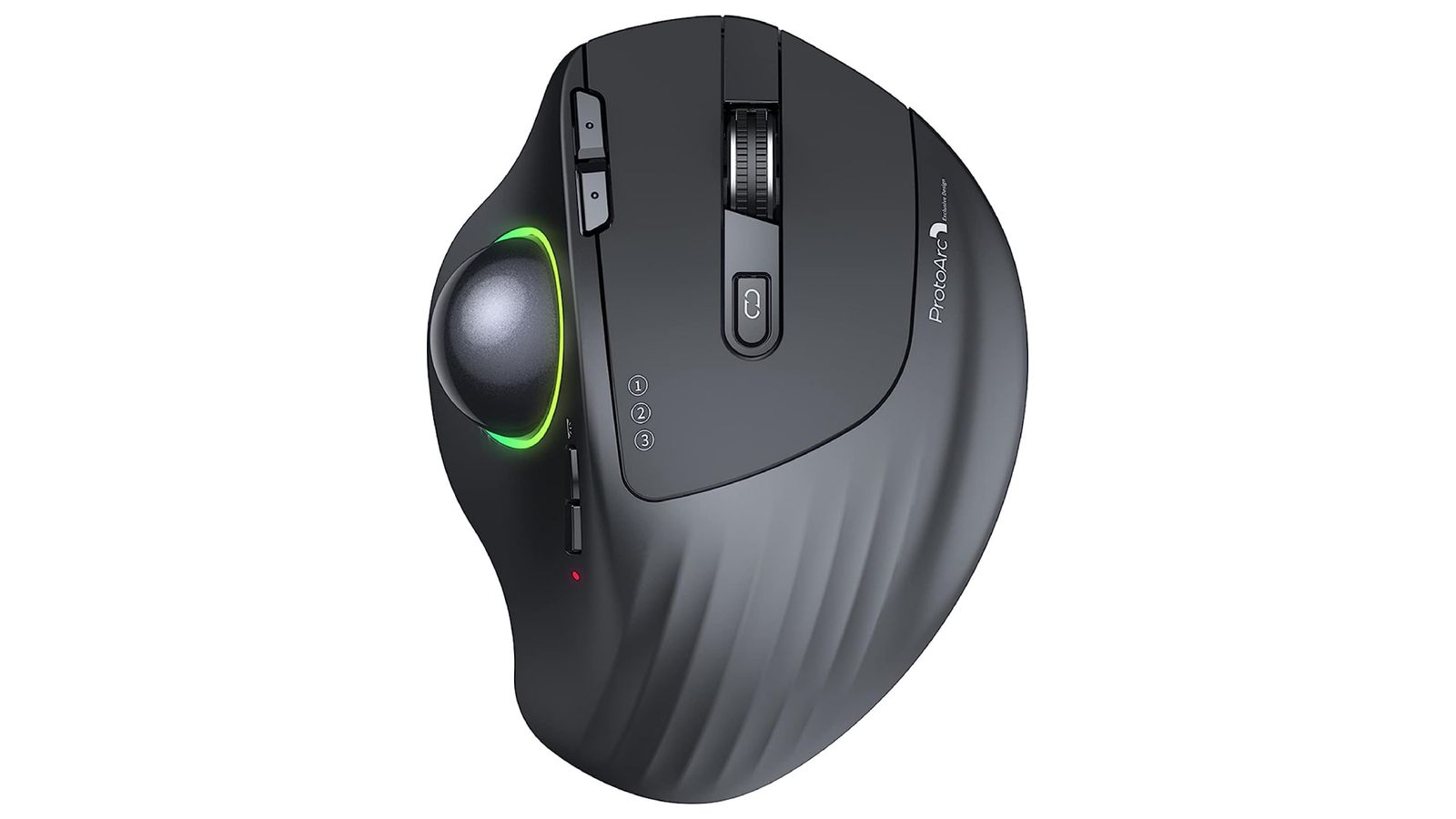 ProtoArc Trackball Mouse of a black mouse featuring a trackball on the left side surrounded by a green light.