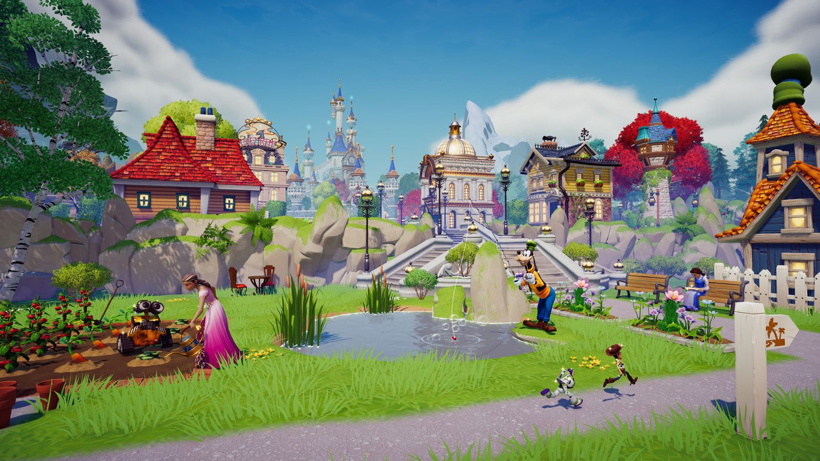 A village scene, with the Disney castle in the background, Wall-E and a princess watering a vegetable patch, and Buzz Lightyear chasing Woody. - Disney Dreamlight Valley cloud save error