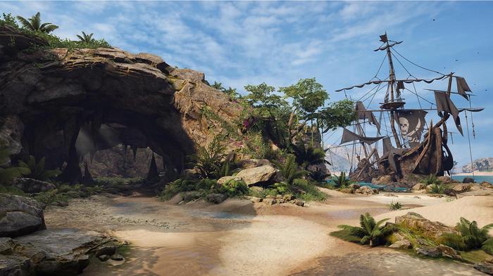 A shipwrecked galleon lies next to a beach with a cave - upcoming VR games