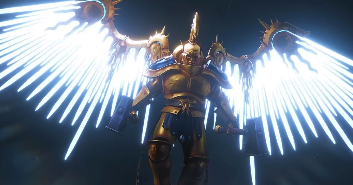 Warhammer Age of Sigmar: Realms of Ruin - stormcast unit in golden armour and white glowing wings
