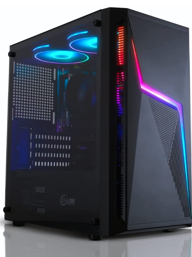 A black PC with a clear side panel showcasing purple and blue lighting.