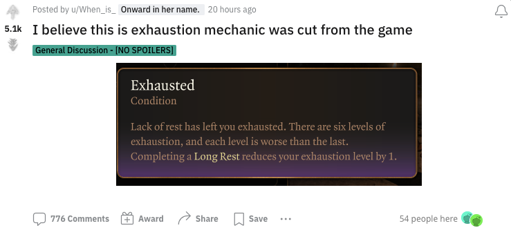 A post on Reddit shows a cut mechanic from Baldur's Gate 3.