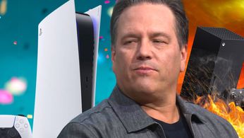 Phil Spencer next to a burning Xbox Series X looking at a PlayStation 5 