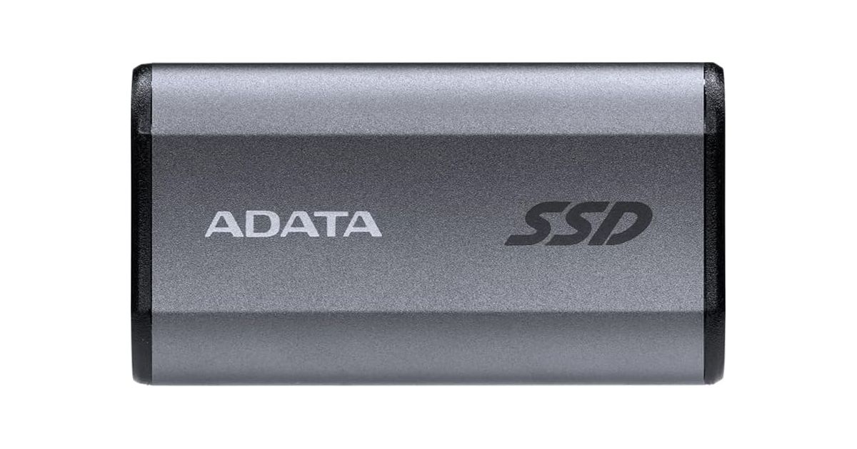 Adata SE880 product image of a grey SSD with two black ends and lighter grey branding on top.