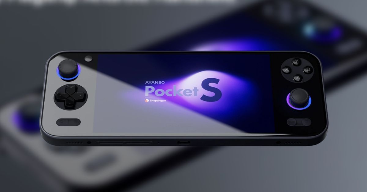 AYANEO Pocket S in front of a blurred press image of the device