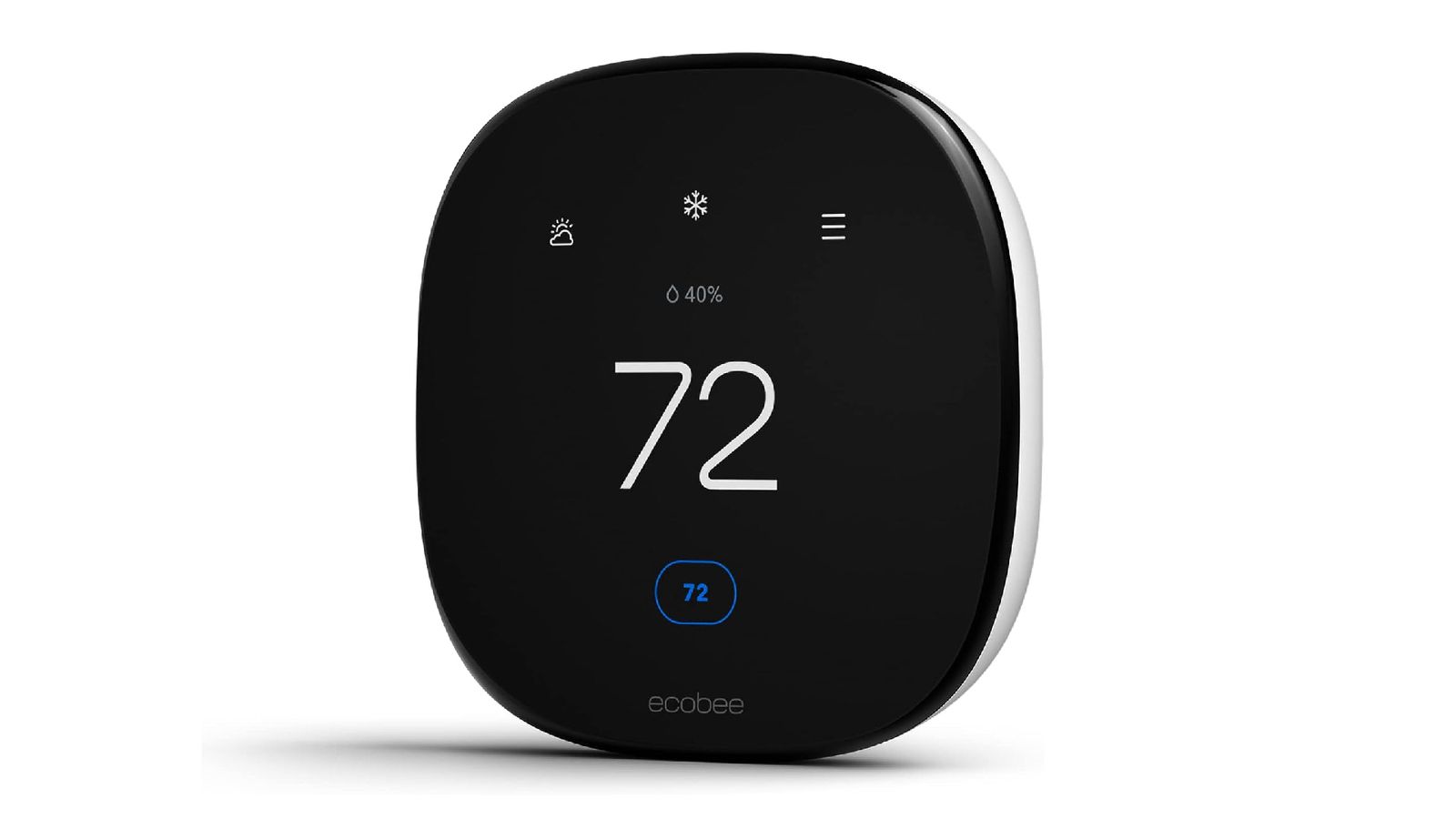 ecobee Smart Thermostat product image of a white and black thermostat with the temperature set to 72 on the digital display.