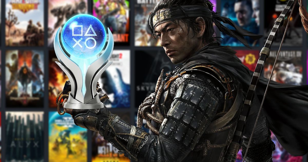 PlayStation Platinum trophy being held by Jin Sakai in front of a Steam library 