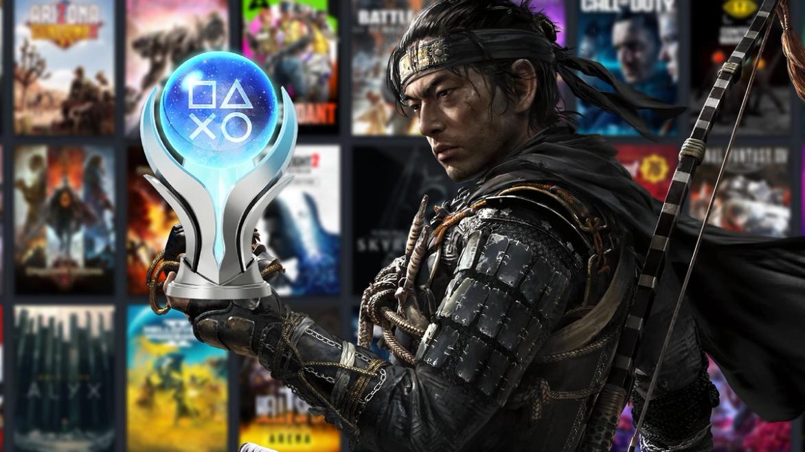 PlayStation Platinum trophy being held by Jin Sakai in front of a Steam library 