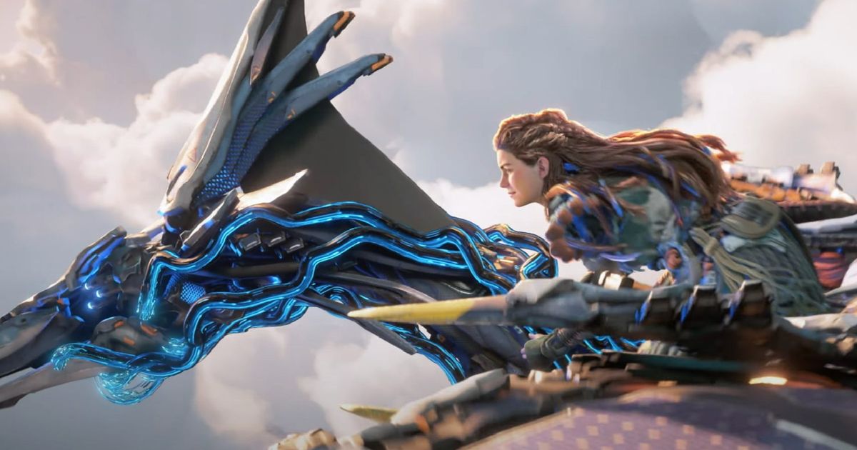 Aloy riding on a flying machine in Horizon Forbidden West