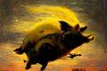 Midjourney AI oil painting of a pig flying into the yellow sunset, framed in an unseen starlight - how to use Midjourney AI