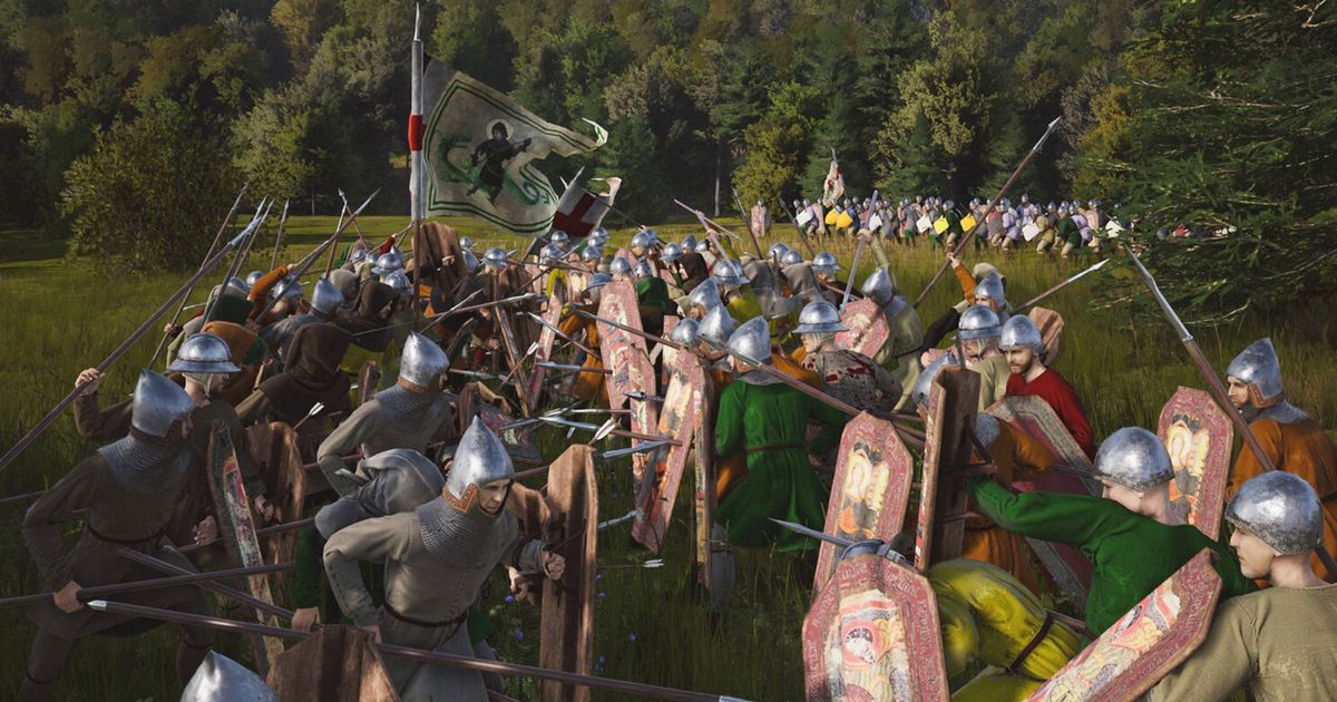 Manor Lords spears: Two armies clashing in a field, both armed with spears and shields.