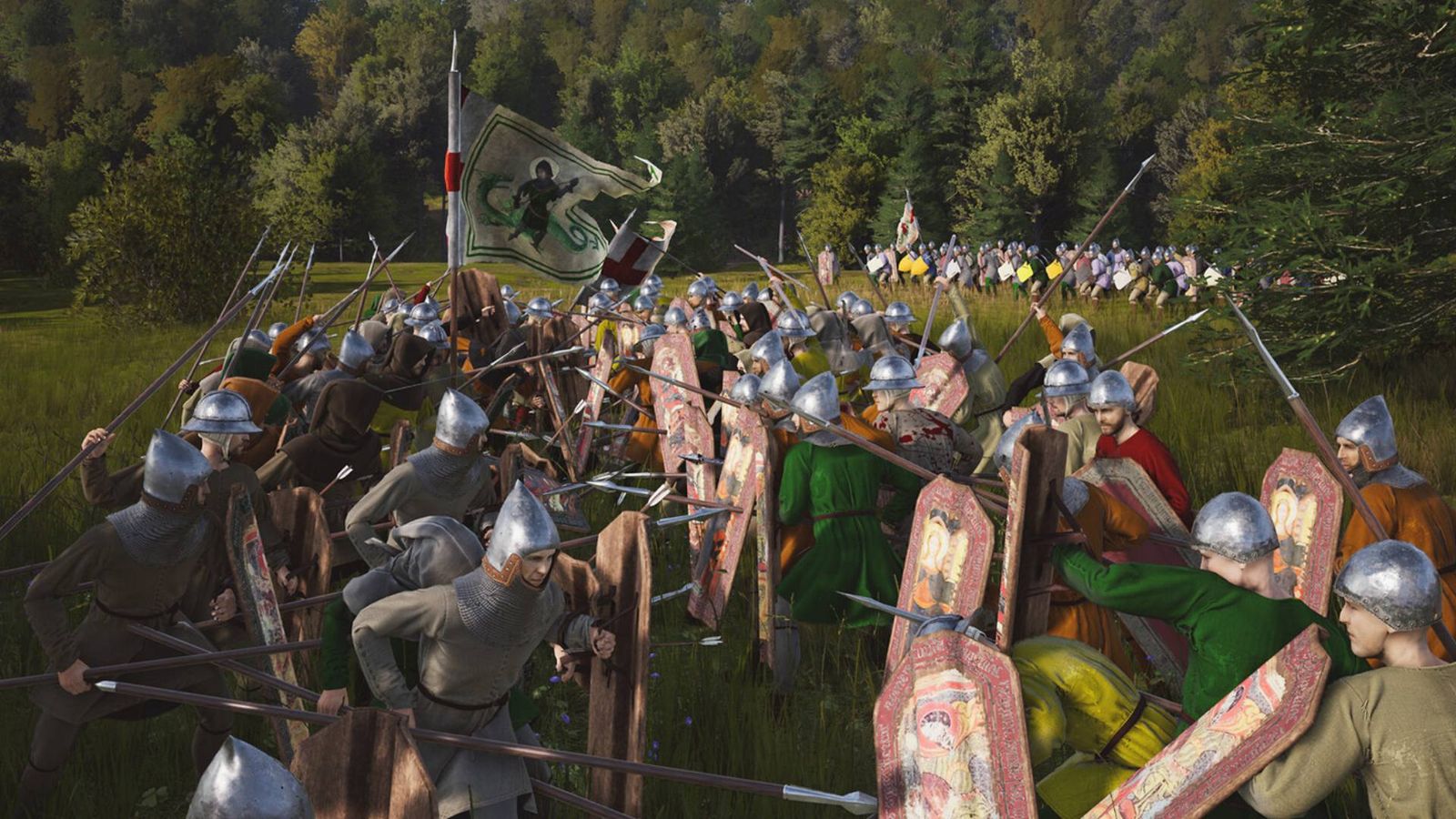 Manor Lords spears: Two armies clashing in a field, both armed with spears and shields.