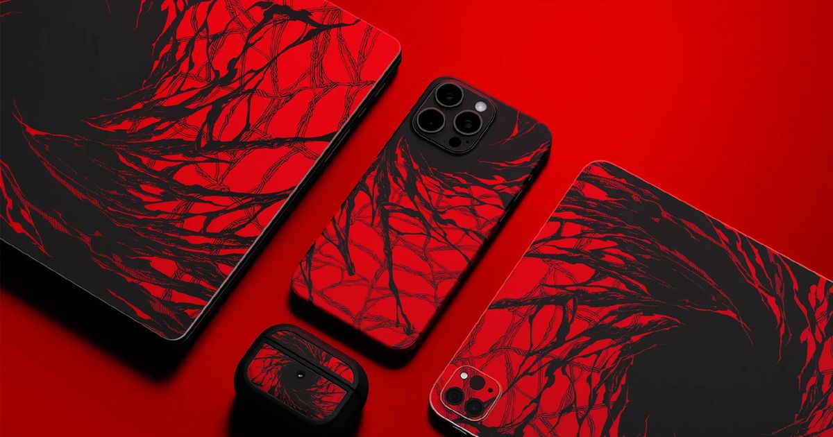 Numerous products suited up in Dbrands Carnage line of skins and cases