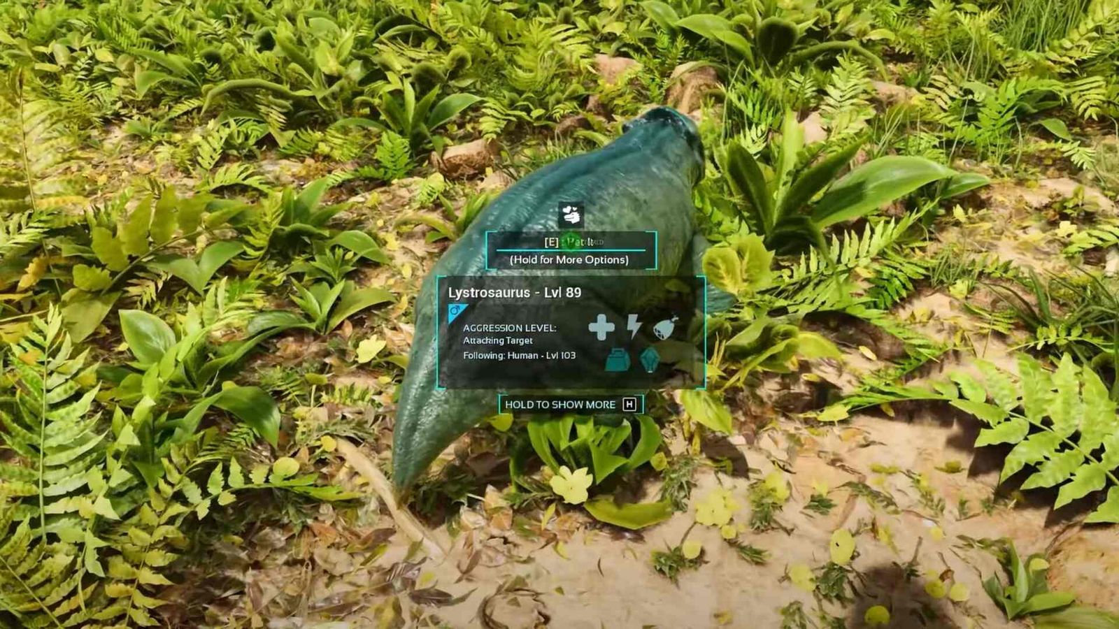 A screenshot from Ark: Survival Ascended showing a small blue dinosaur. There is a text box overlaid which reveals it is a level 89 Lystrosaurus.