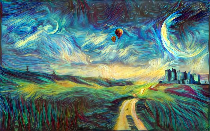 a landscape with hot air balloons in the sky, and a citadel in the distance - best AI image generator