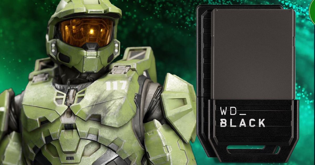 Master Chief from Halo Infinite next to two Western Digital WD_Black C50 Xbox Expansion Cards 