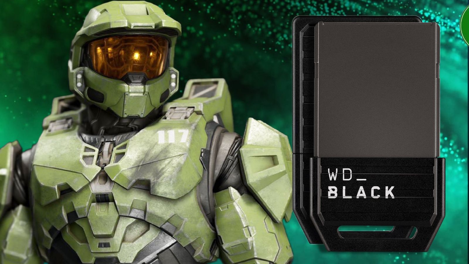 Master Chief from Halo Infinite next to two Western Digital WD_Black C50 Xbox Expansion Cards 