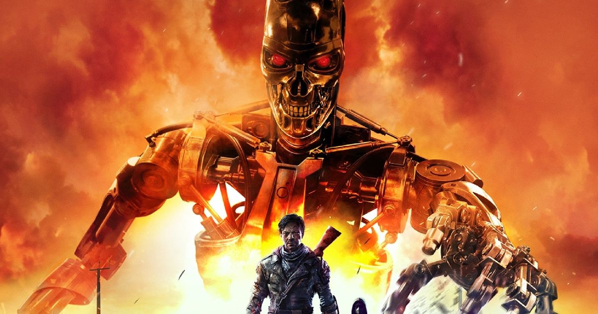 Terminator robot on fire above a character in Terminator Survivors key art