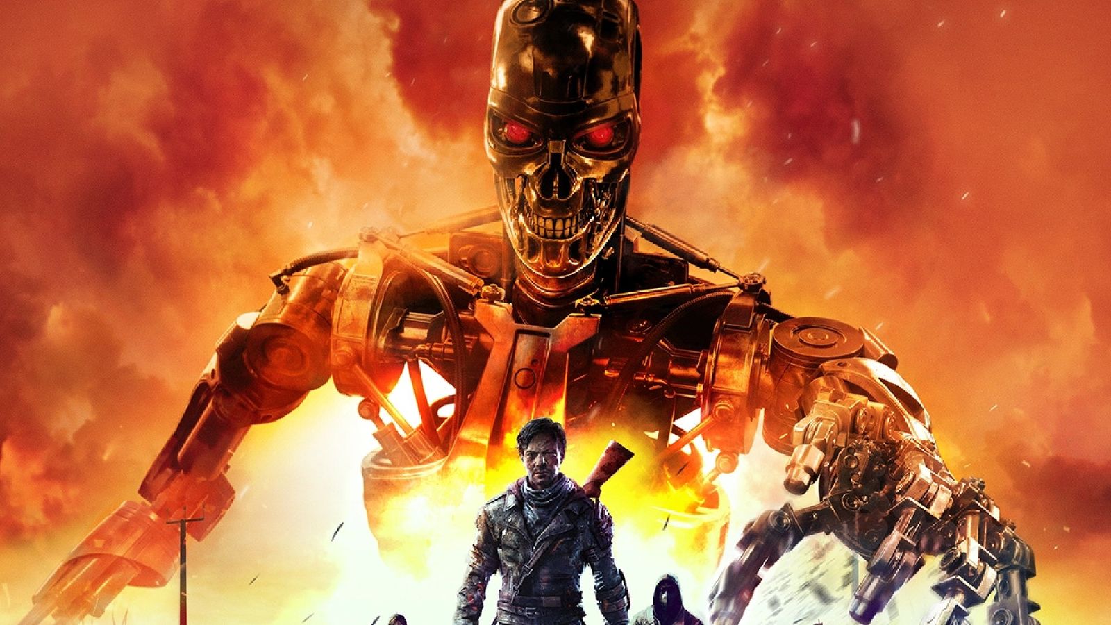 Terminator robot on fire above a character in Terminator Survivors key art
