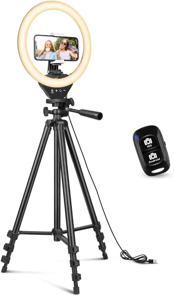 Sensyne product image of a smartphone attached to a black tripod featuring a ring light.