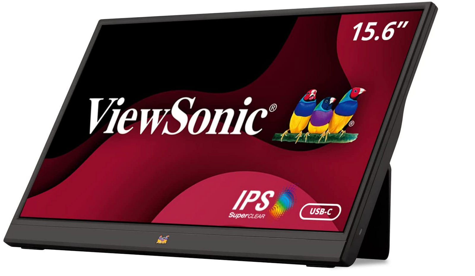 ViewSonic VA1655 product image of a black foldable monitor with a red pattern on the display as well as ViewSonic branding.
