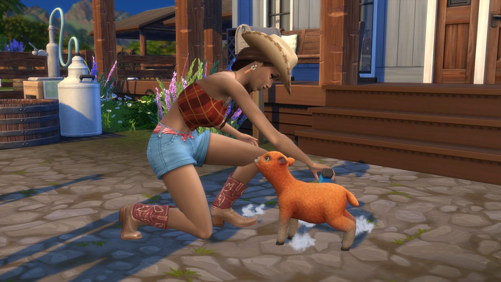 The Sims 4 Horse Ranch DLC review shearing an orange sheep