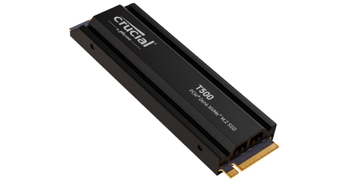 Crucial T500 product image of a black SSD stick with dark grey branding on top.