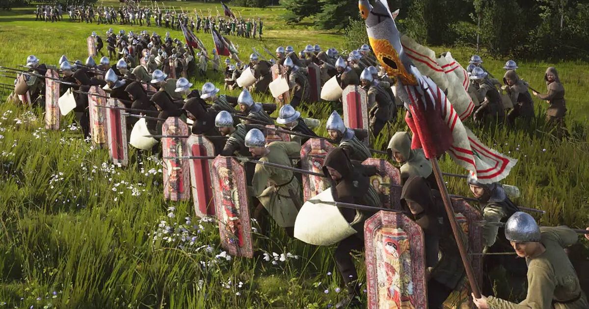 manor lords army standing equipped with military equipment shields, spears, abnners, on grassy field