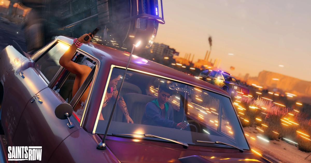 Two people involved in a dramatic car chase, as a following car tips over - Saints Row crossplay