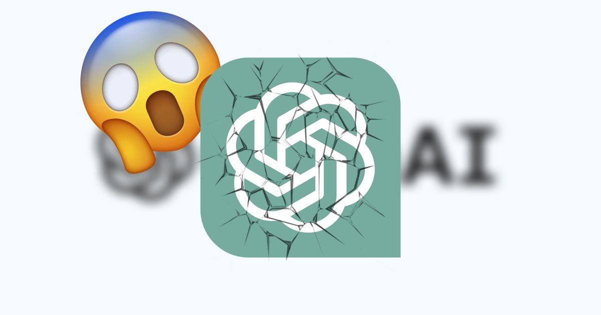 OpenAI ChatGPT logo with cracks in front of a gasping emoji
