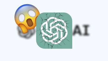 OpenAI ChatGPT logo with cracks in front of a gasping emoji