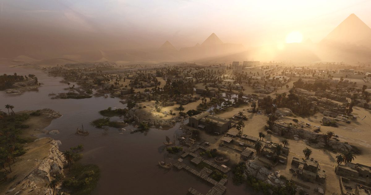 An Egyptian settlement from Total War: Pharaoh, with docks leading into the river.