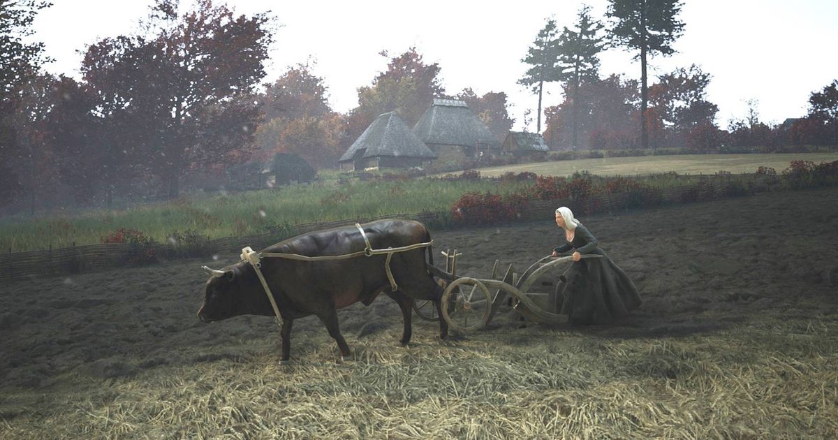 Villager working on a farm in Manor Lords