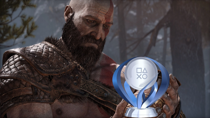 Kratos from God of War Ragnarök cradles his Platinum Trophy.