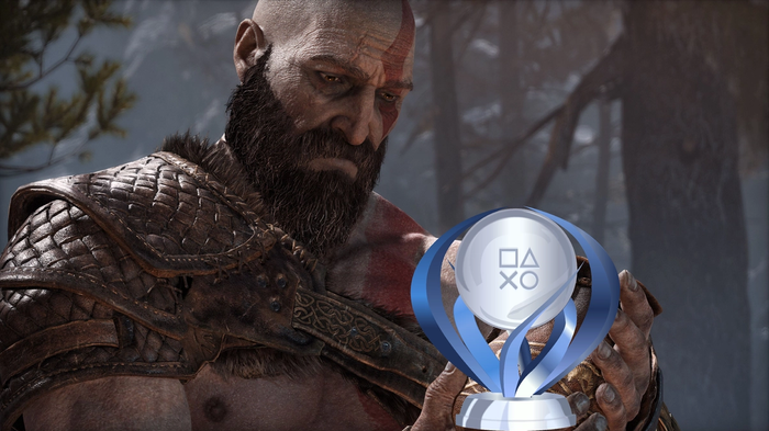 Kratos from God of War Ragnarök cradles his Platinum Trophy.