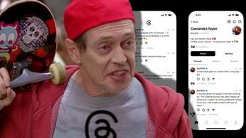 Steve Buscemi wearing a Threads social media t-shirt in the “how do you do, fellow kids” meme next to an image of Threads Review social media 