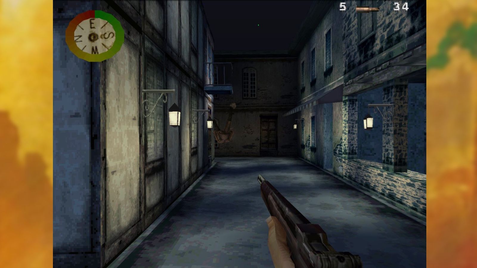A screenshot from Medal of Honor 1999 on the PlayStation showing a nazi falling over a balcony 